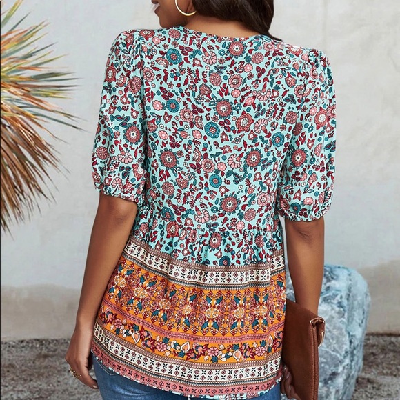 🧡 BOHO BLUE ORANGE MULTI FLORAL LOOSE FIT TOP! - Picture 3 of 8